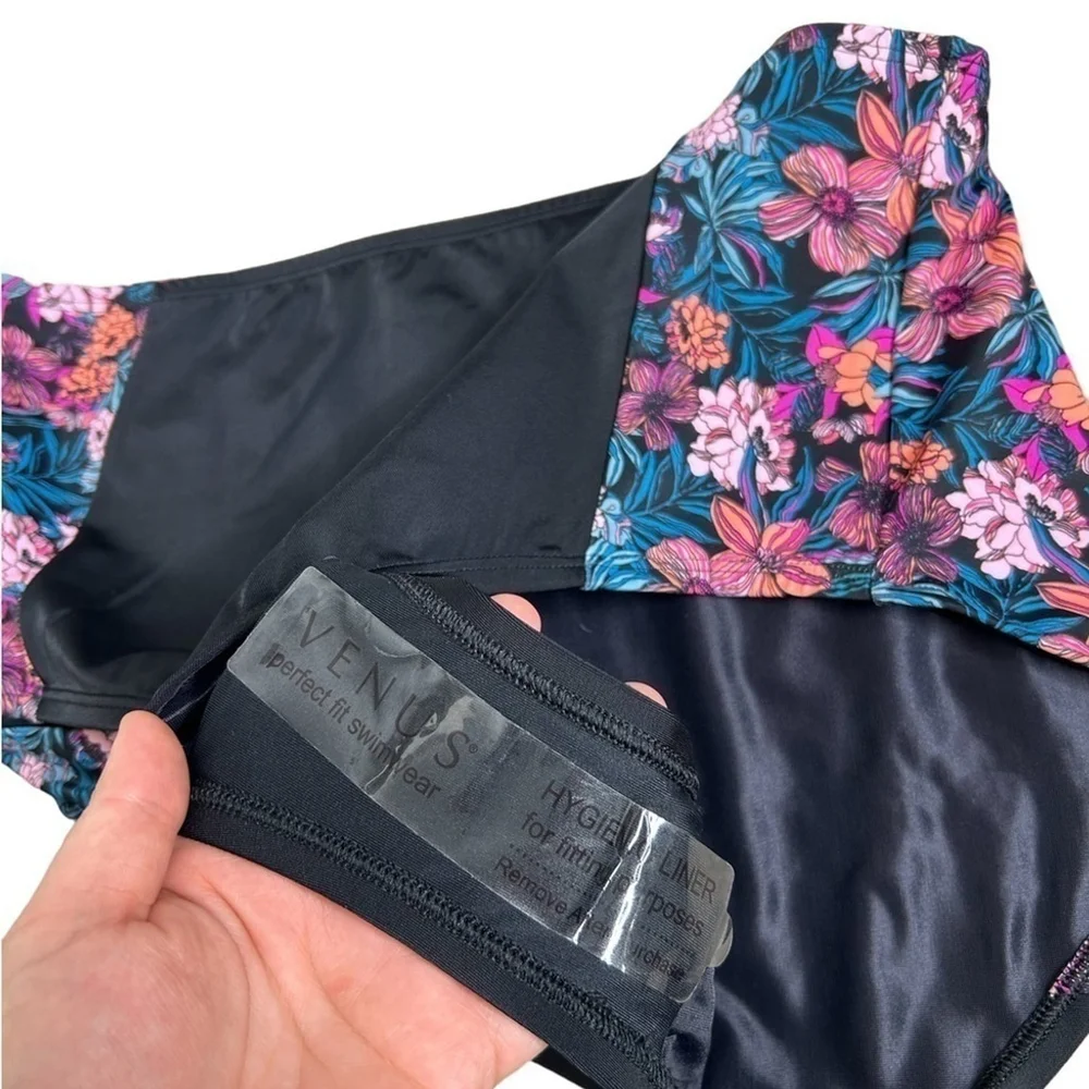 Venus Black Floral Print Maximum Shaping High-Waist Swim Bikini Bottom Size 18